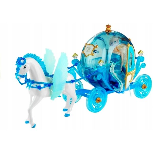Set Bambola con Carrozza e Cavallo Azzurro con Luci e Ali - Gioco per Bambine