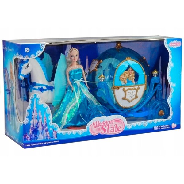 Set Bambola con Carrozza e Cavallo Azzurro con Luci e Ali - Gioco per Bambine