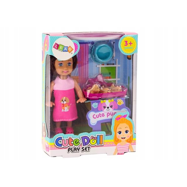 Mini bambola con capelli lunghi e tre cani nel lettino LEAN Toys