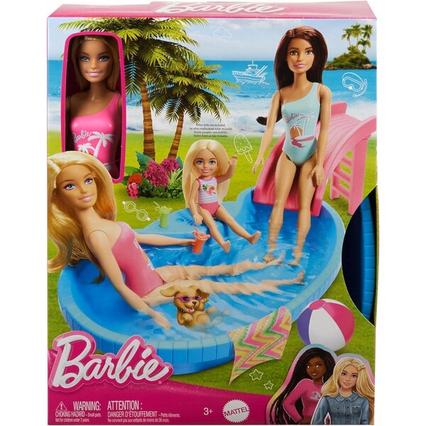 Barbie mit Pool und Rutsche – Sommerspielset für Kinder ab 3 Jahren