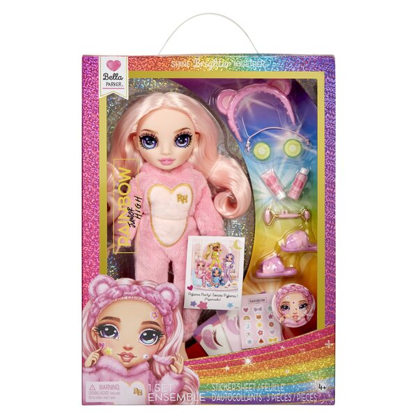 Rainbow High Junior Bella Parker in pyjama met logeeraccessoires