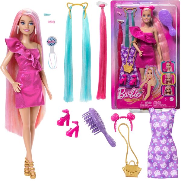 Bambola Barbie con lunghi capelli colorati e un set di accessori per lo styling