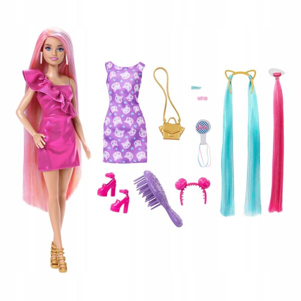 Bambola Barbie con lunghi capelli colorati e un set di accessori per lo styling