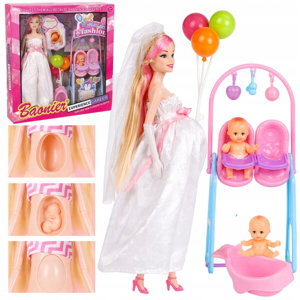 Bambola della sposa incinta di 30 cm con due bambini - pancia apribile e accessori
