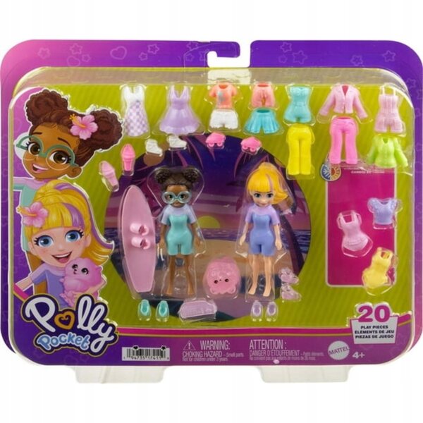 Mattel Polly Pocket Surf-Set mit 2 Puppen und 24 Kinderkleidung