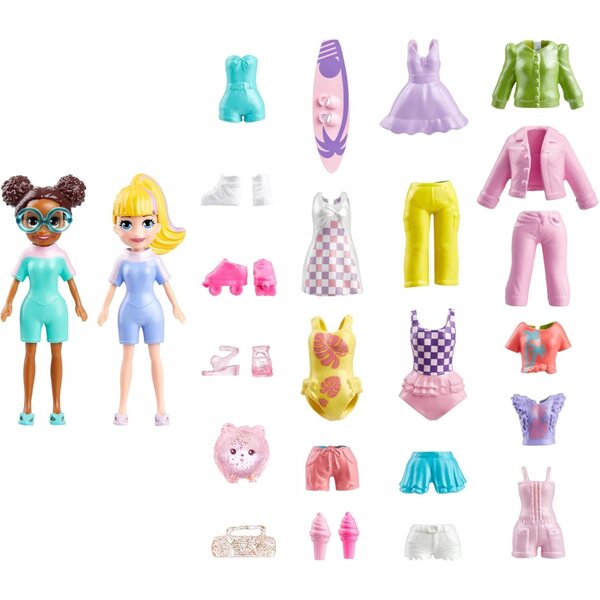 Mattel Polly Pocket surfset met 2 poppen en 24 kinderkleding