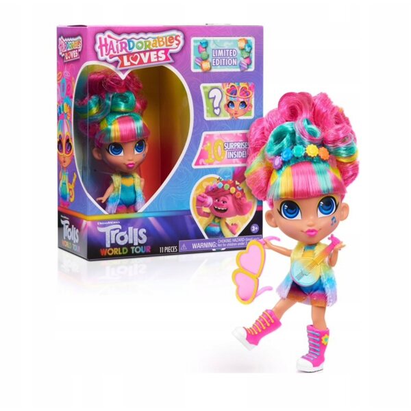 Bambola Hairdorables Loves DreamWorks Trolls World Tour con 10 sorprese colorate