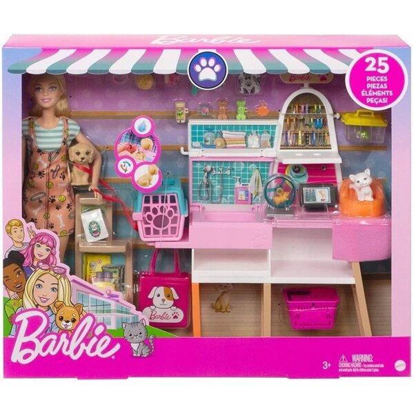 Barbie Salon-Set für Tiere mit 25 Zubehörteilen, Puppe mit Hund und Katze, Kreativspiel