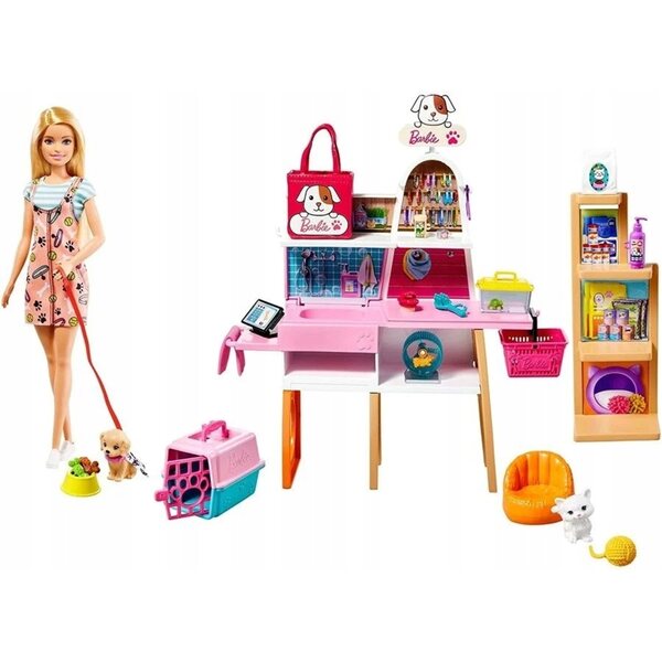 Barbie Salon-Set für Tiere mit 25 Zubehörteilen, Puppe mit Hund und Katze, Kreativspiel