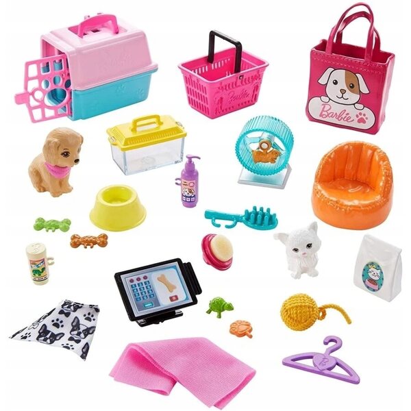 Barbie Salon-Set für Tiere mit 25 Zubehörteilen, Puppe mit Hund und Katze, Kreativspiel