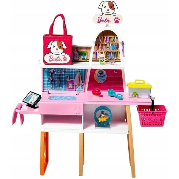 Barbie Salon-Set für Tiere mit 25 Zubehörteilen, Puppe mit Hund und Katze, Kreativspiel