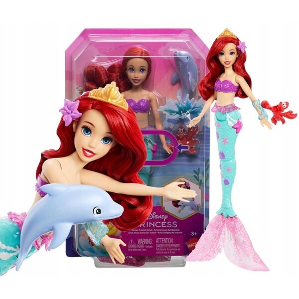 Mattel Meerjungfrau Ariel Puppe 29 cm mit Sebastian Figur für Kinder ab 3 Jahren