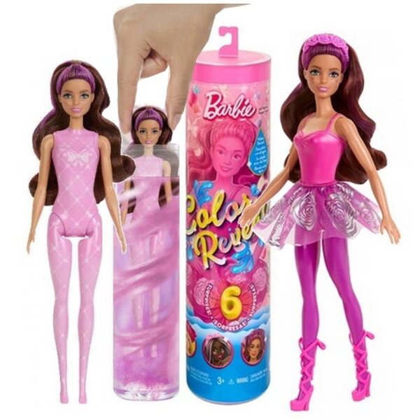 Barbie Color Reveal Baletnica mit 6 Überraschungen und Zubehör in einer 29-cm-Röhre