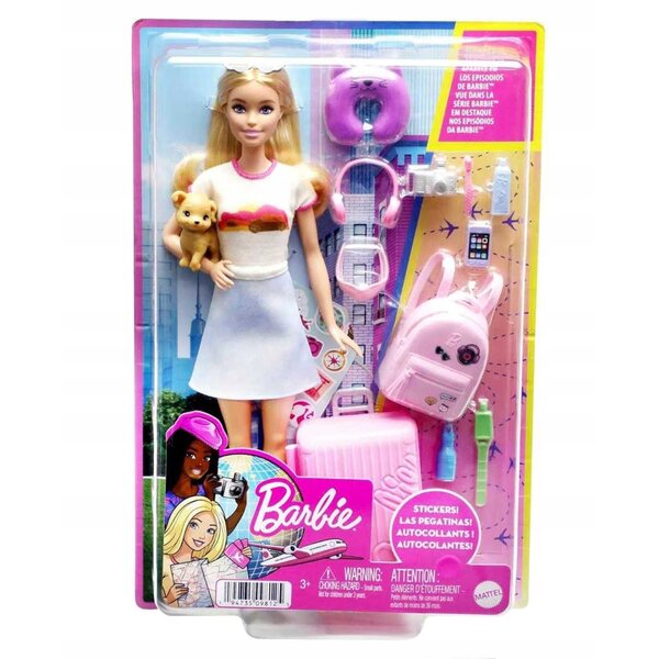 LALKA BARBIE MALIBU Z PIESKIEM W PODRÓŻY + akcesoria podróżne