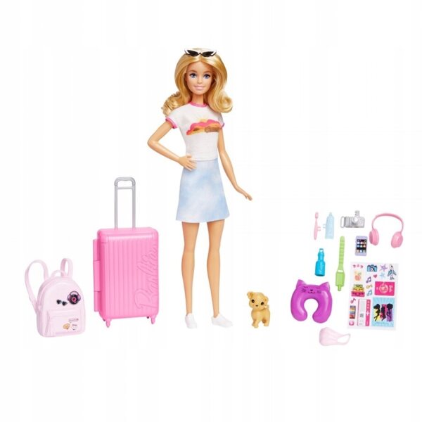 LALKA BARBIE MALIBU Z PIESKIEM W PODRÓŻY + akcesoria podróżne
