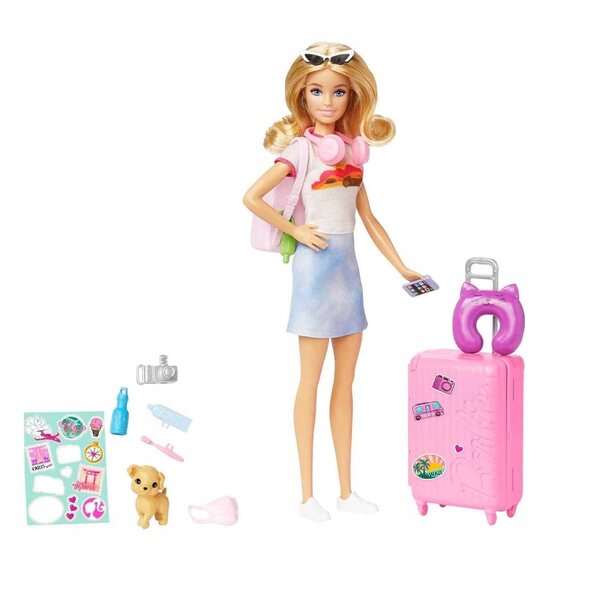 LALKA BARBIE MALIBU Z PIESKIEM W PODRÓŻY + akcesoria podróżne