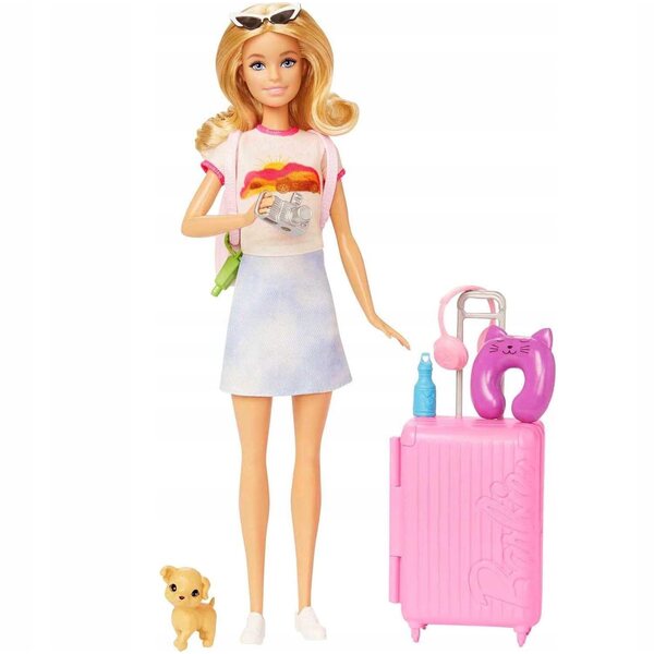 LALKA BARBIE MALIBU Z PIESKIEM W PODRÓŻY + akcesoria podróżne