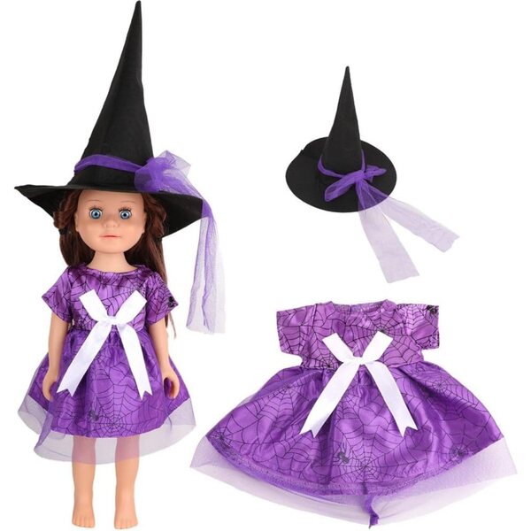 Costume Halloween per Bambola Americana 46 cm - Abito Ragnatela Viola con Cappello Strega
