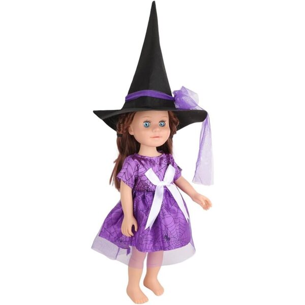 Costume Halloween per Bambola Americana 46 cm - Abito Ragnatela Viola con Cappello Strega
