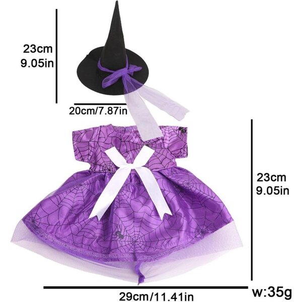 Costume Halloween per Bambola Americana 46 cm - Abito Ragnatela Viola con Cappello Strega