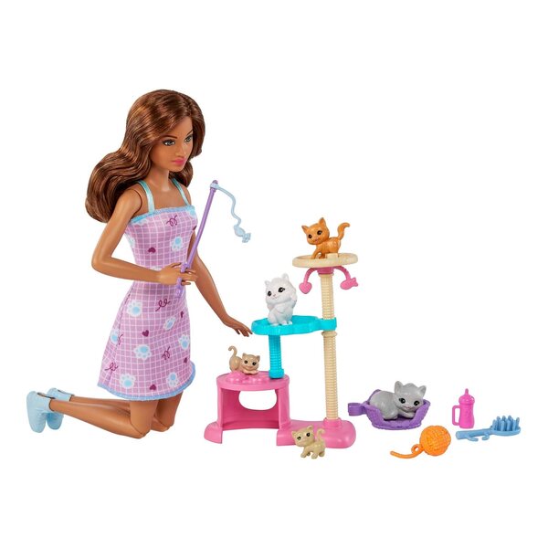 Barbie-Spiel mit Kätzchen – Barbie-Puppen-Set mit 5 Kätzchen und Katzenturm
