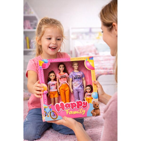 Set 4 Bambole Famiglia Realistica con Mamma, Papà e 2 Figlie per Bambini 3+