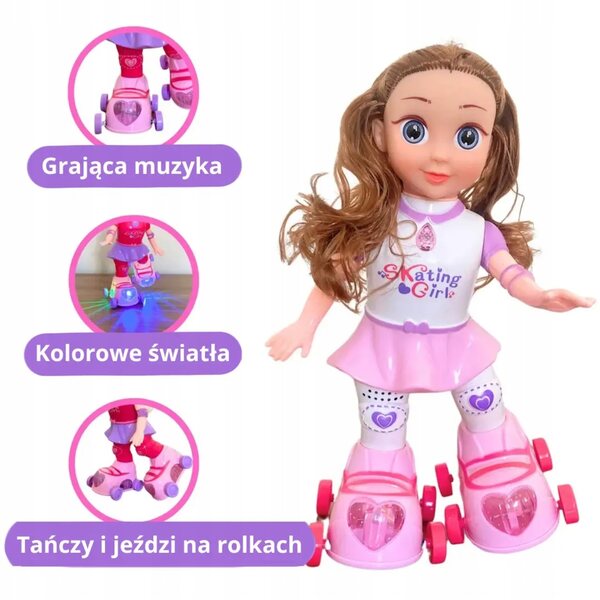 bambola su rotelle con luci e musica, bambola che gira a 360° per gioco attivo