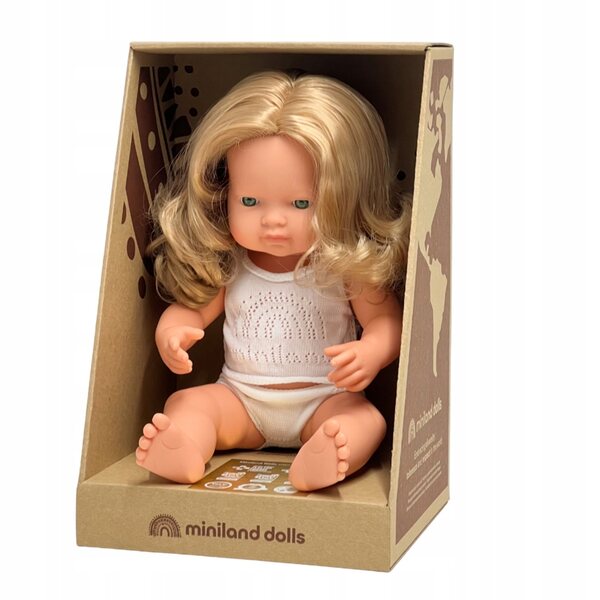 Lalka Miniland dziewczynka Europejka ciemny blond 38 cm, 31260