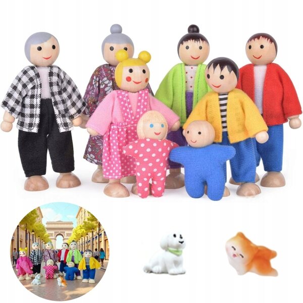 Bambole di famiglia in legno, set di 10 piccole bambole per la casa dei bambini