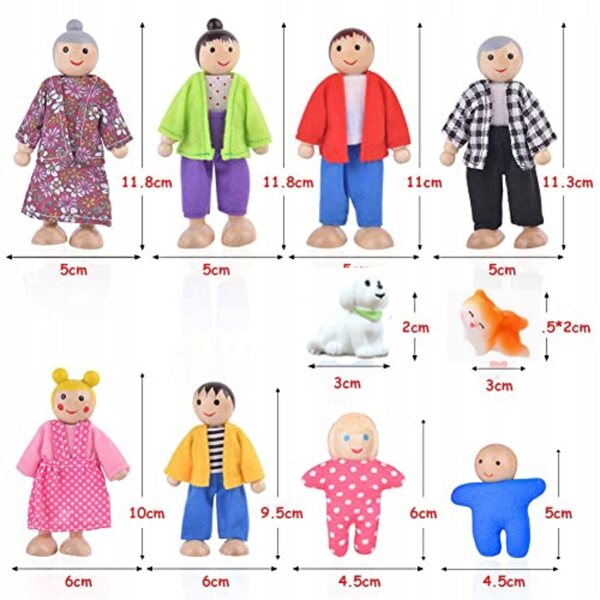 Bambole di famiglia in legno, set di 10 piccole bambole per la casa dei bambini