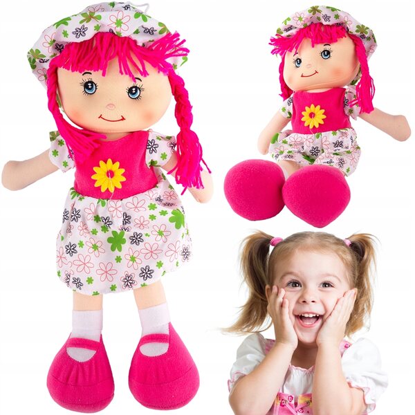 Große weiche Stoffpuppe 42 cm mit Kleid und Hut für Kinder ab 0 Jahren