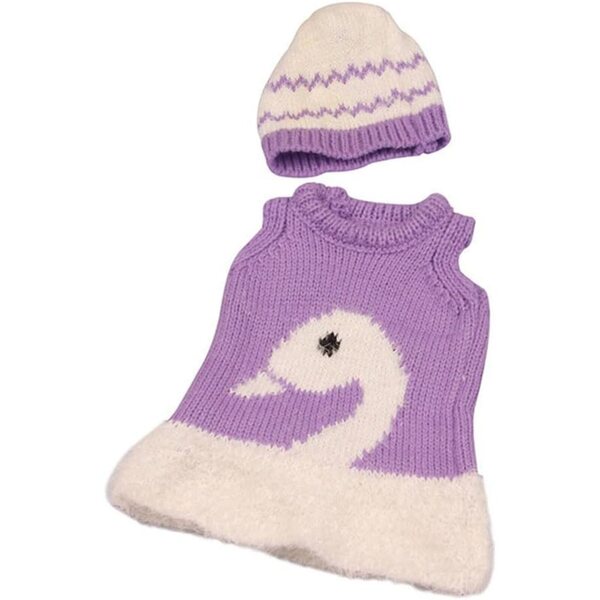 Gestricktes Kleidungsset für 46-cm-Puppen mit Kleid und Mütze mit Schwanenmotiv