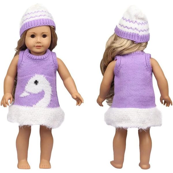 Gestricktes Kleidungsset für 46-cm-Puppen mit Kleid und Mütze mit Schwanenmotiv