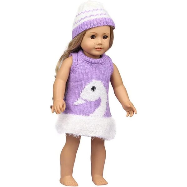 Gestricktes Kleidungsset für 46-cm-Puppen mit Kleid und Mütze mit Schwanenmotiv