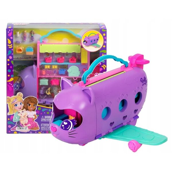 Polly Pocket Katzenflugzeug mit 2 Puppen und 19 Zubehörteilen – Set für Kinder ab 4 Jahren