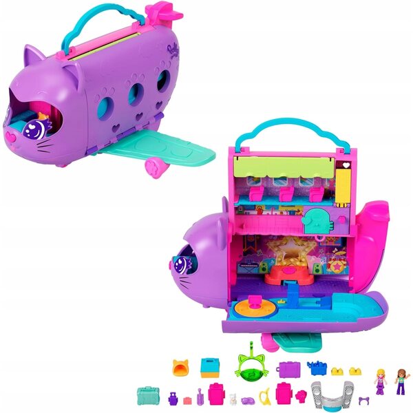 Polly Pocket Aereo per gatti con 2 bambole e 19 accessori - Set per bambini 4+
