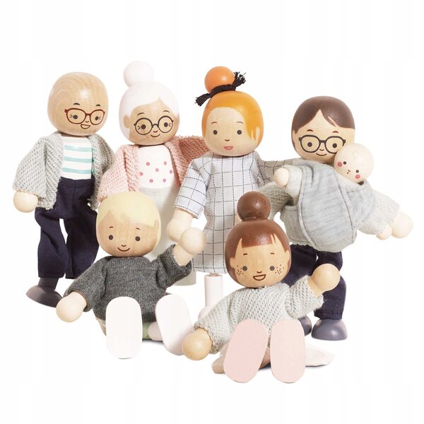 Set mit 7 Le Toy Van Holzpuppen – Puppenfamilie mit Baumwollkleidung