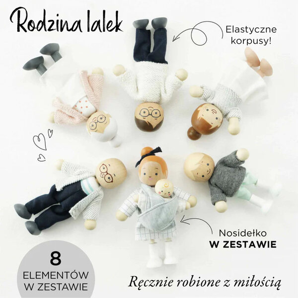 Set mit 7 Le Toy Van Holzpuppen – Puppenfamilie mit Baumwollkleidung