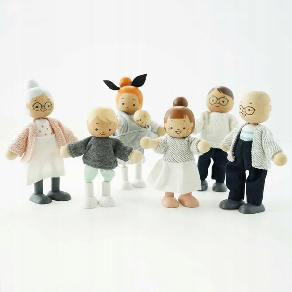 Set mit 7 Le Toy Van Holzpuppen – Puppenfamilie mit Baumwollkleidung