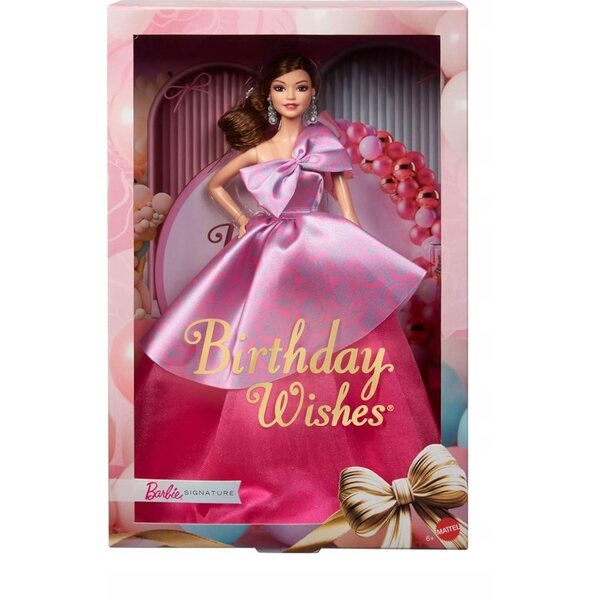 Barbie-Geburtstagswünsche: elegante Puppe mit rosa Kleid und anpassbarer Karte