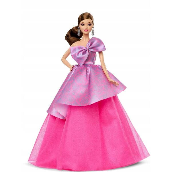 Barbie-Geburtstagswünsche: elegante Puppe mit rosa Kleid und anpassbarer Karte
