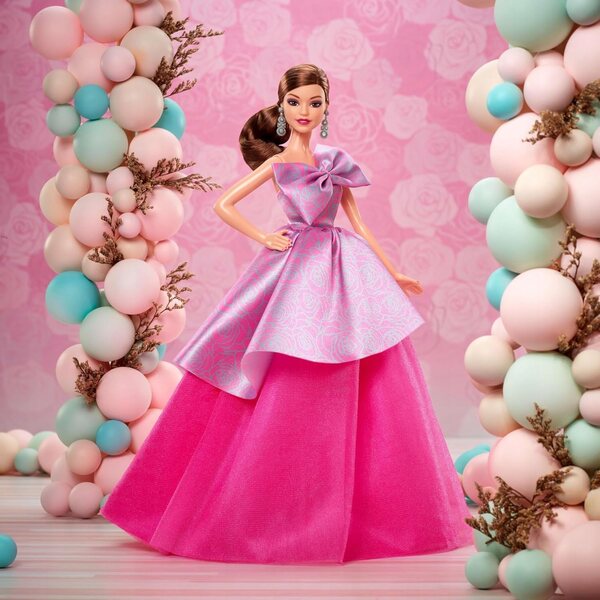 Barbie-Geburtstagswünsche: elegante Puppe mit rosa Kleid und anpassbarer Karte