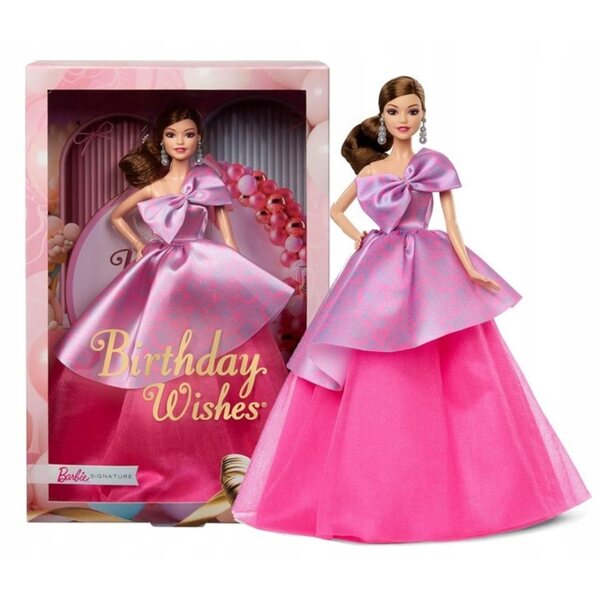 Barbie-Geburtstagswünsche: elegante Puppe mit rosa Kleid und anpassbarer Karte