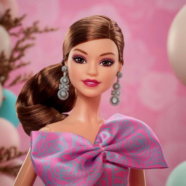 Barbie-Geburtstagswünsche: elegante Puppe mit rosa Kleid und anpassbarer Karte