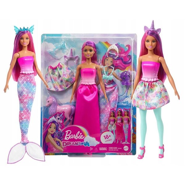 Barbie Dreamtopia 3 in 1 mit Meerjungfrauen-, Einhorn- und Prinzessinnenkleidern 29 cm