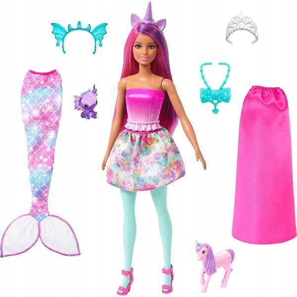 Barbie Dreamtopia 3 in 1 mit Meerjungfrauen-, Einhorn- und Prinzessinnenkleidern 29 cm