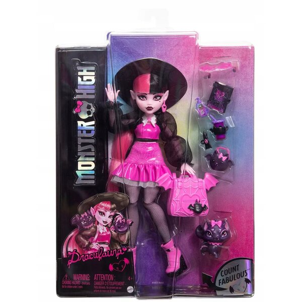 Bambola Monster High Draculaura 29 cm con accessori e animaletto Bat-Cat