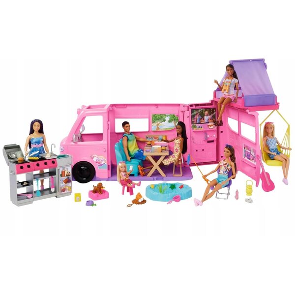 Barbie Camper Dreams Traumcamper mit Zubehör und Campingset für Kinder ab 3 Jahren