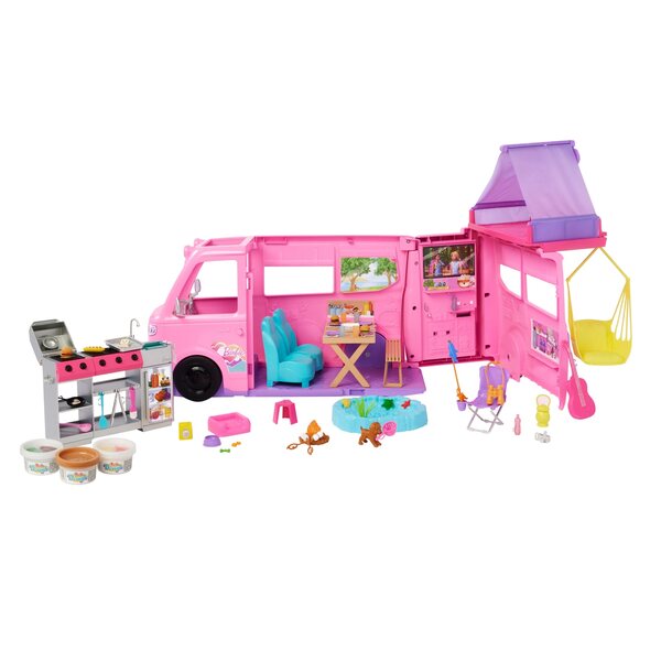 Barbie Camper Dreams Traumcamper mit Zubehör und Campingset für Kinder ab 3 Jahren