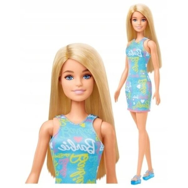 Blonde Barbie mit buntem Kleid und rosa Sandalen, Mattel CE EN71 Puppe
